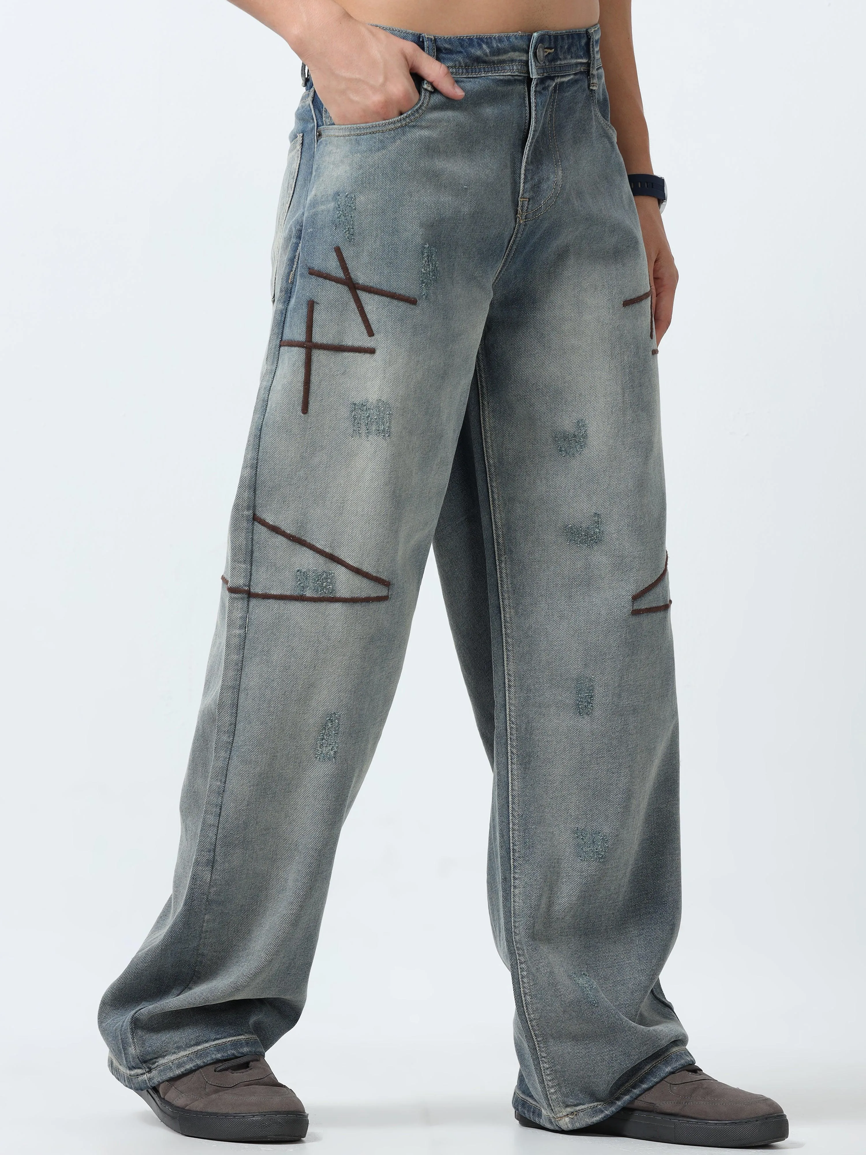 Imogen - Embroidered Loose fit Jeans - Blue Fade