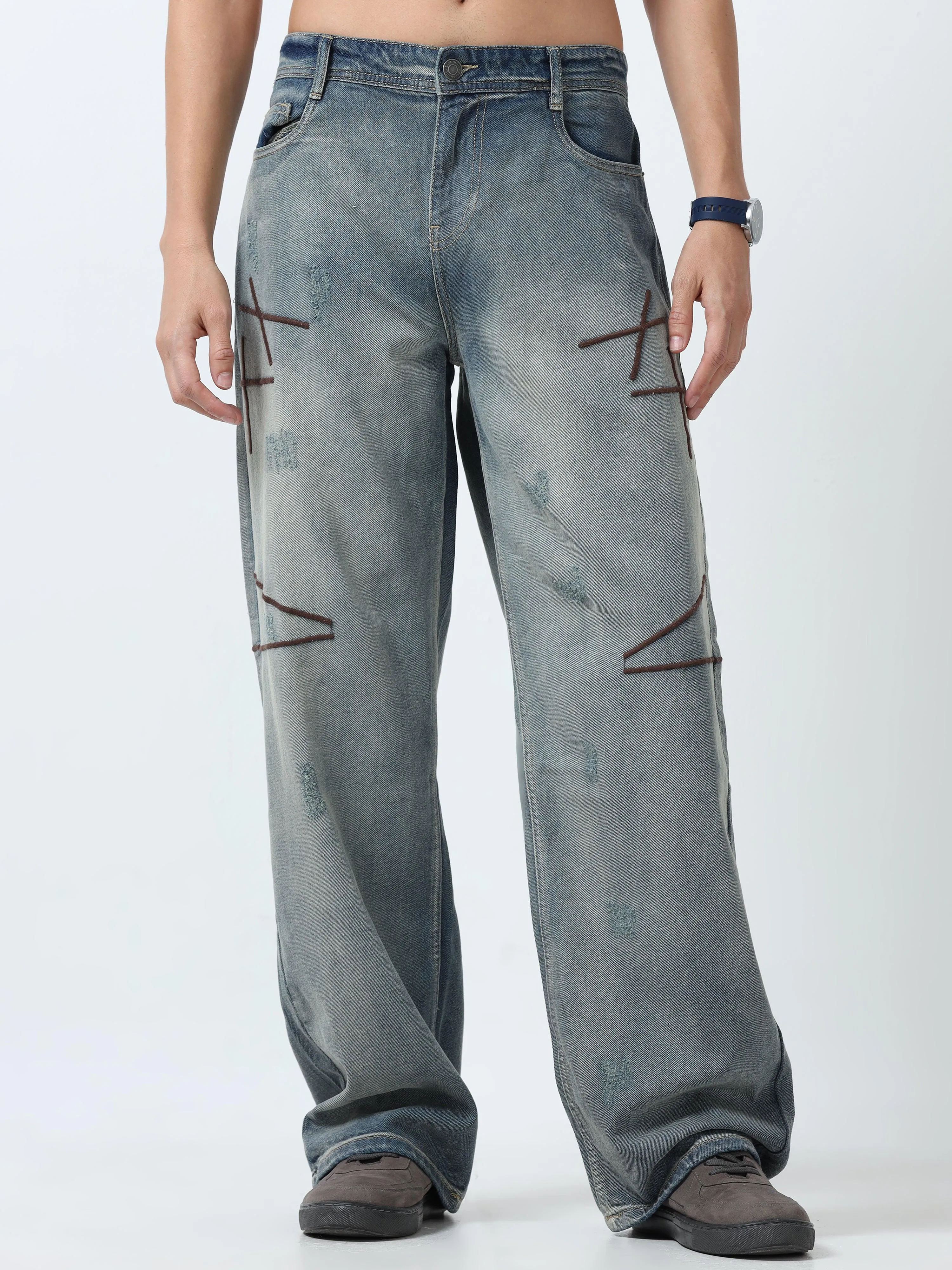 Imogen - Embroidered Loose fit Jeans - Blue Fade