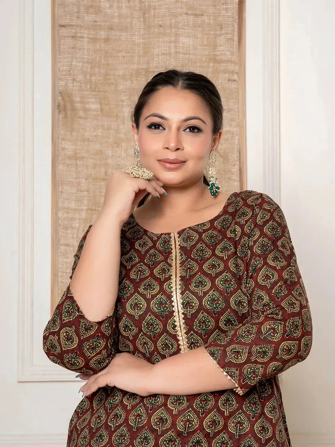Maroon Cotton Printed Plus Size Kurta Harem Pants Set
