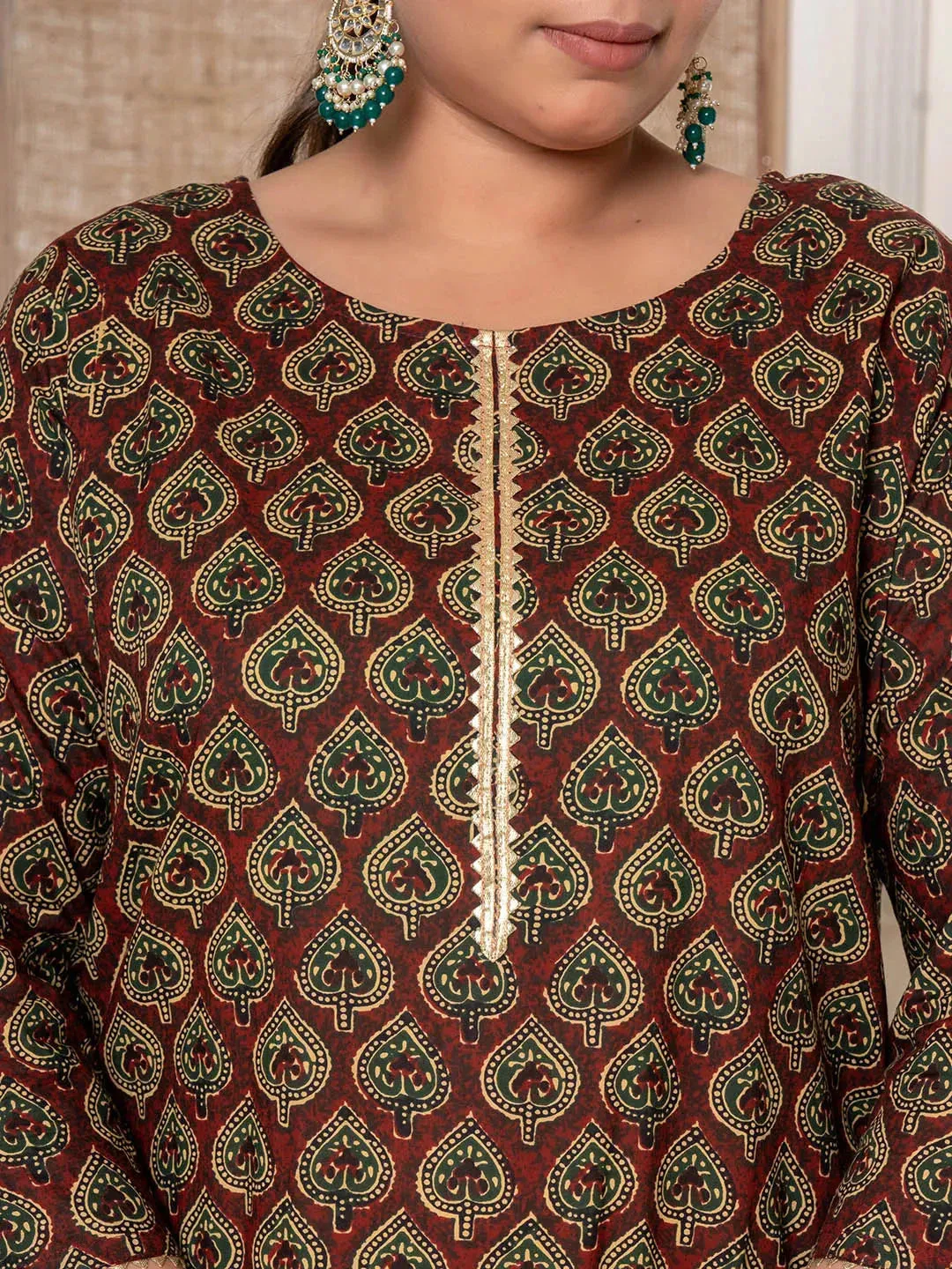 Maroon Cotton Printed Plus Size Kurta Harem Pants Set