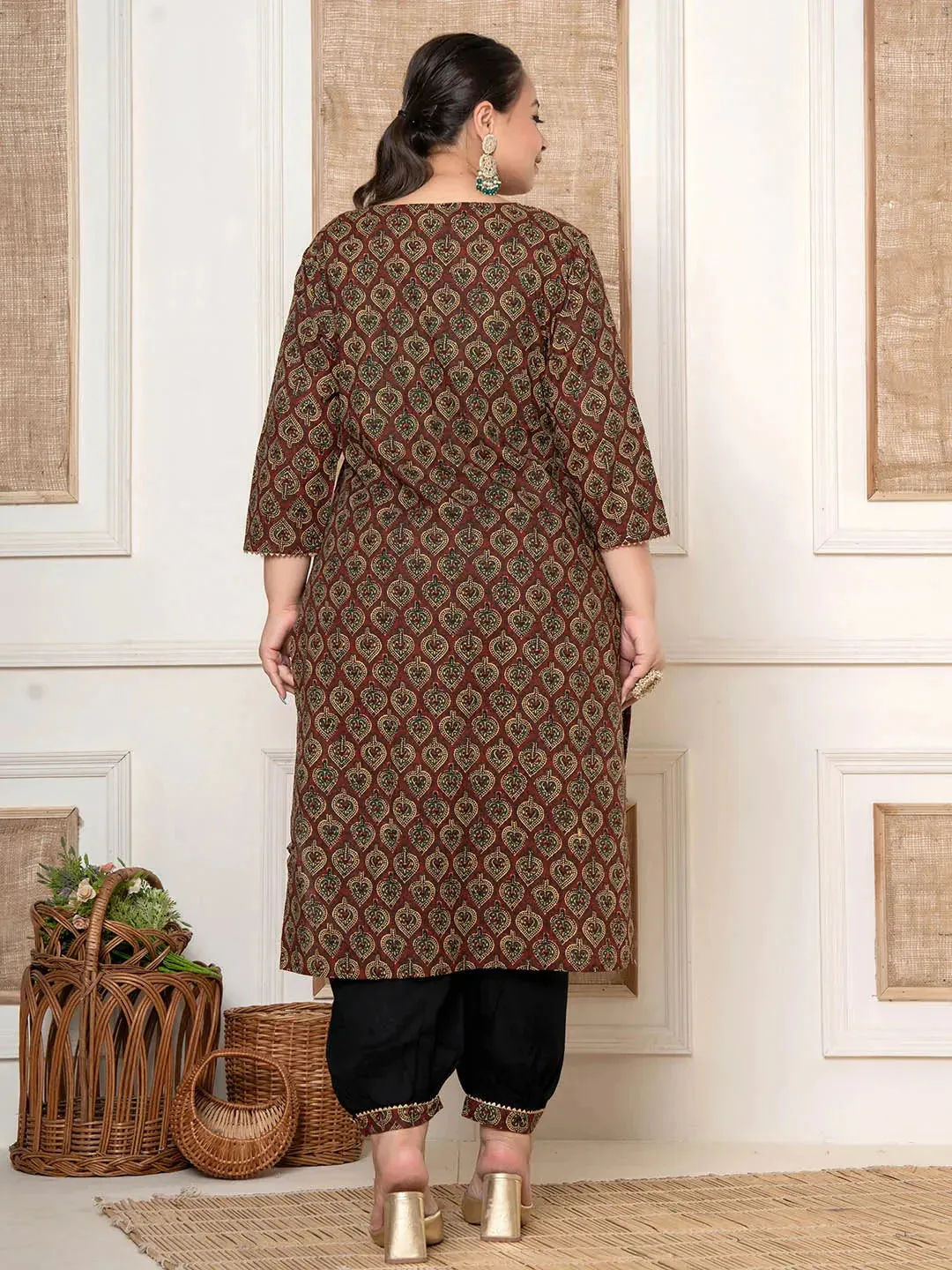 Maroon Cotton Printed Plus Size Kurta Harem Pants Set