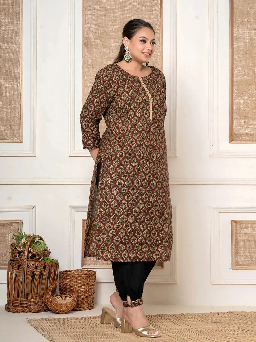 Maroon Cotton Printed Plus Size Kurta Harem Pants Set