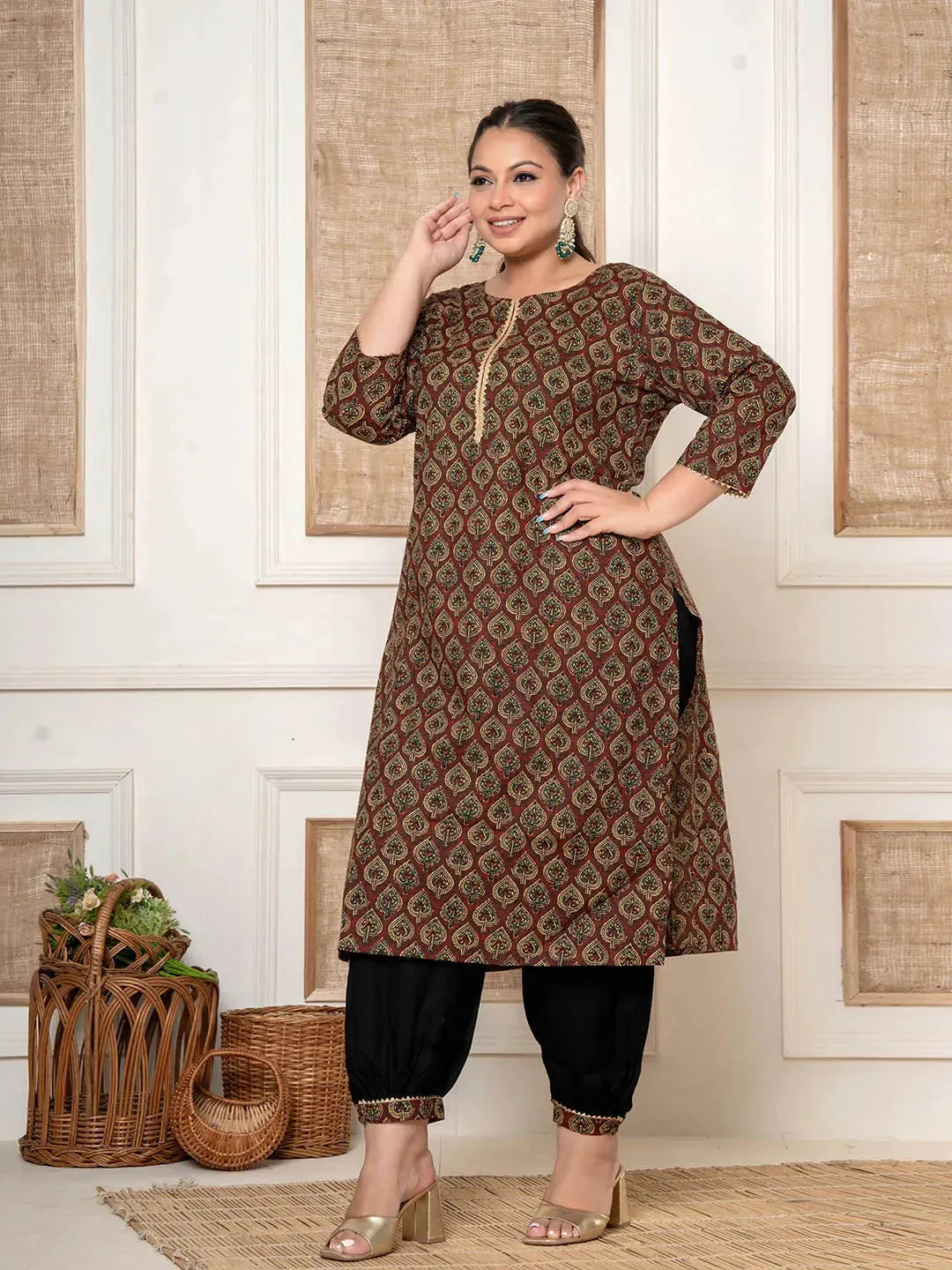 Maroon Cotton Printed Plus Size Kurta Harem Pants Set