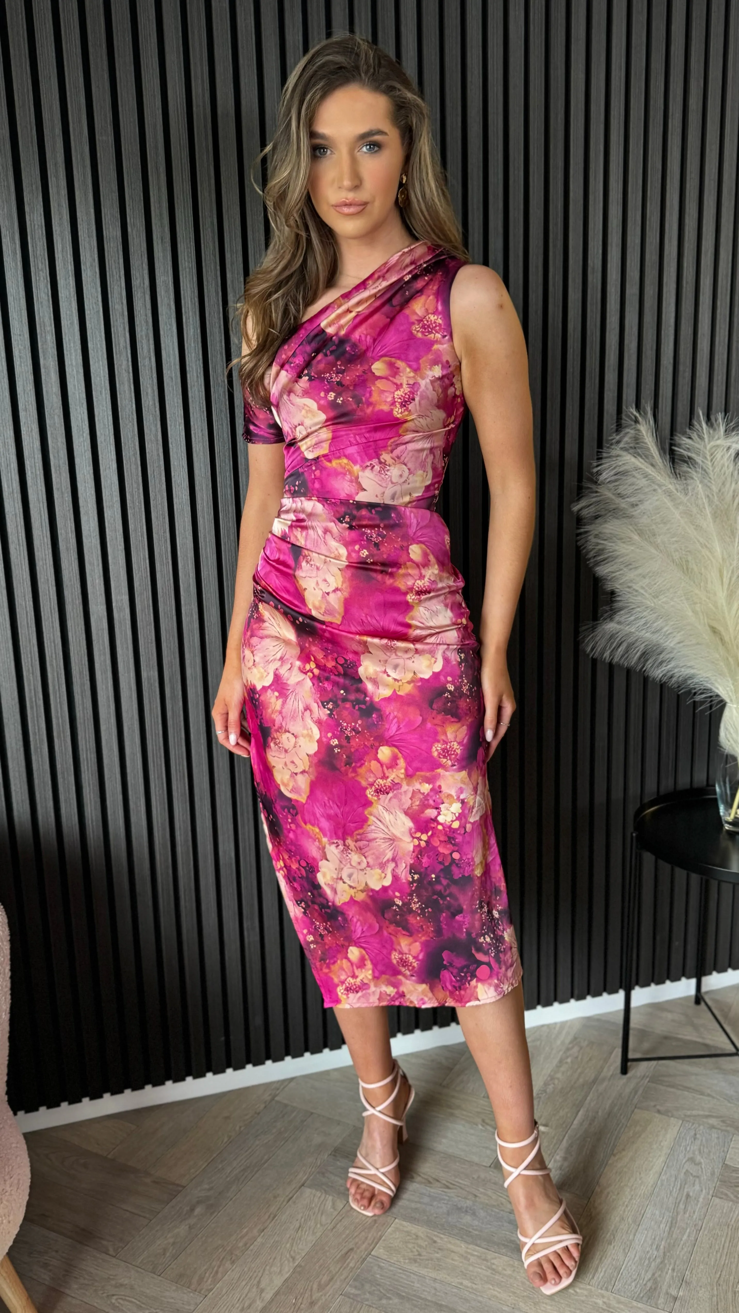 Nicole Pink Printed Asymmetric Neckline Pink Print Midi Dress