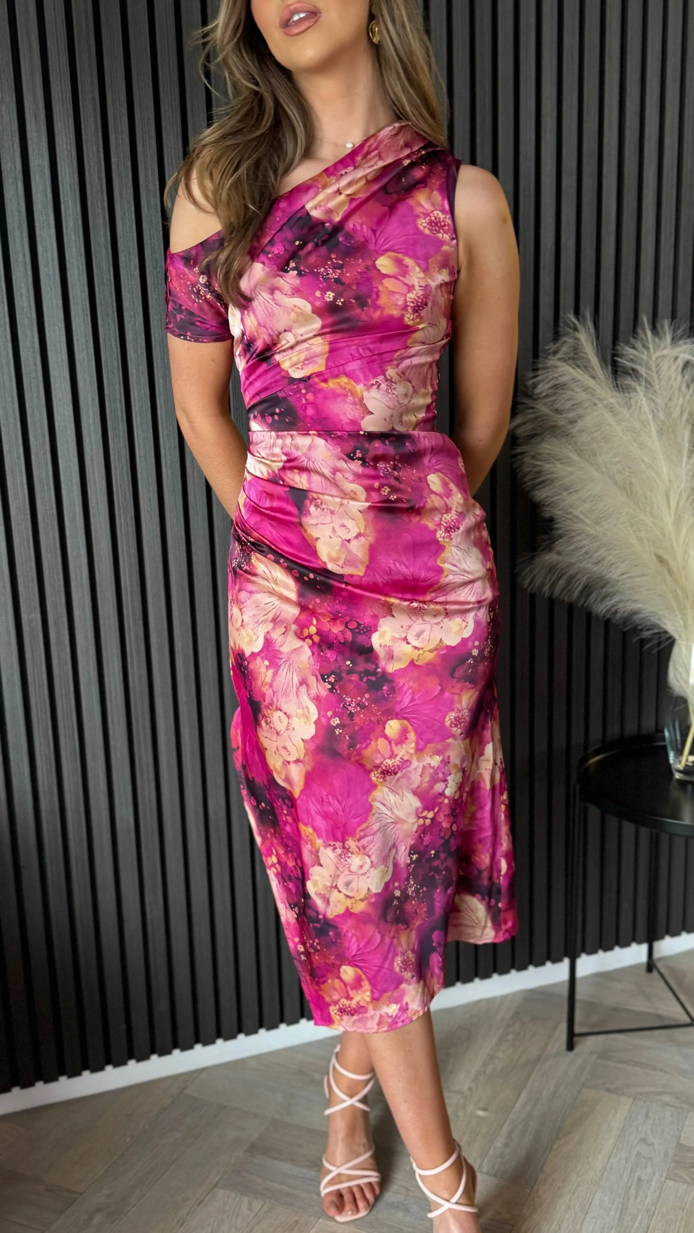 Nicole Pink Printed Asymmetric Neckline Pink Print Midi Dress