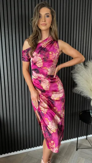 Nicole Pink Printed Asymmetric Neckline Pink Print Midi Dress