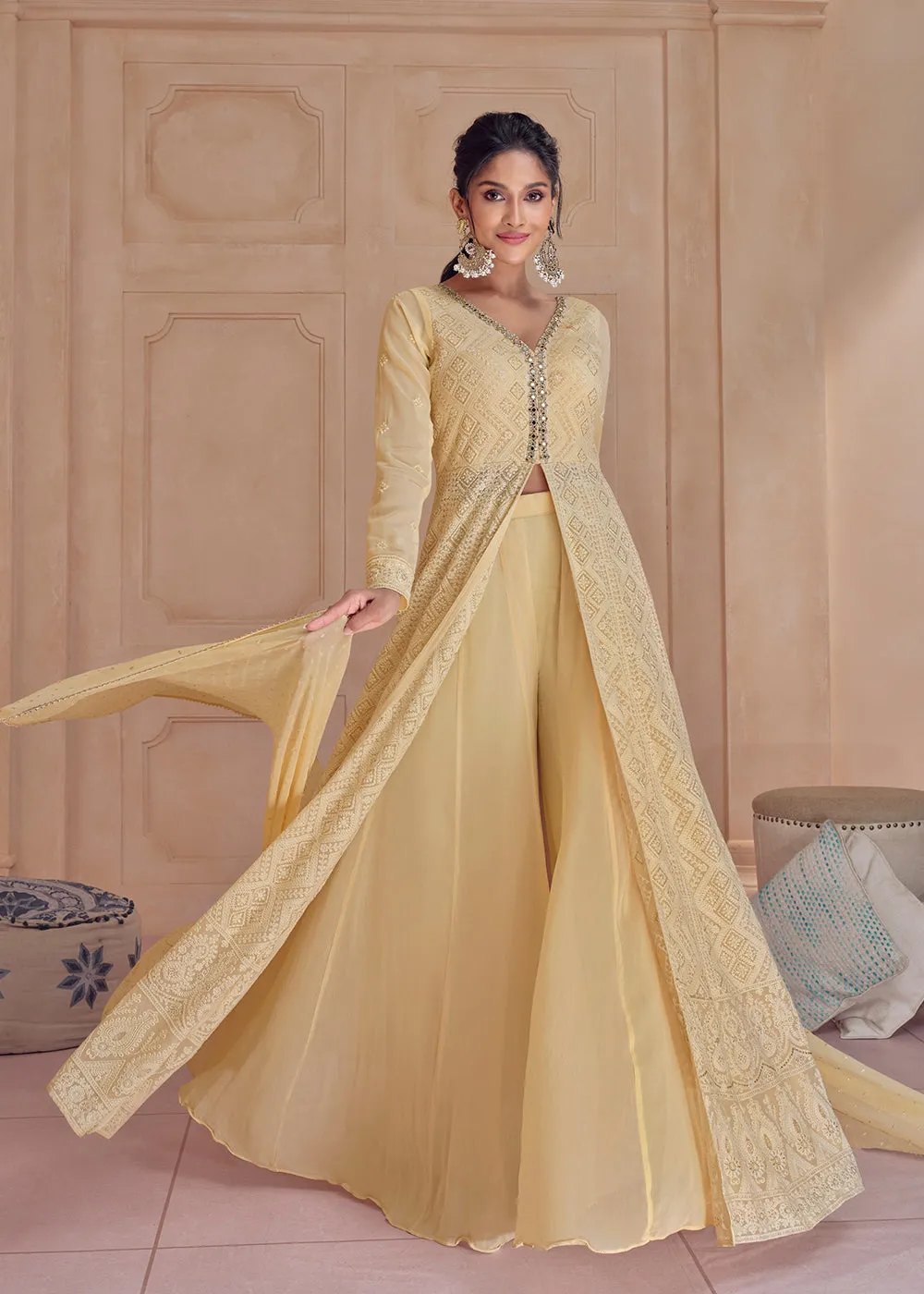 Palazzo Style Fawn Yellow Lucknowi Embroidered Anarkali Suit