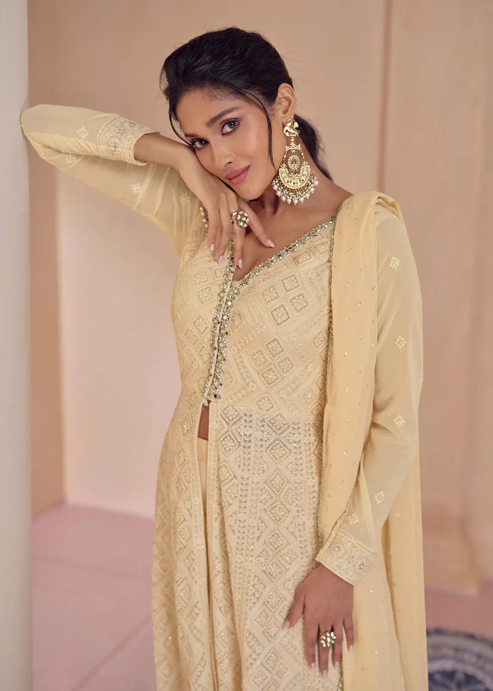 Palazzo Style Fawn Yellow Lucknowi Embroidered Anarkali Suit
