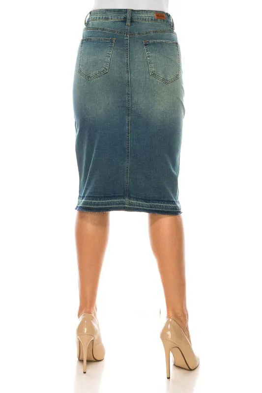 Two Button Front Vintage Wash Denim Skirt