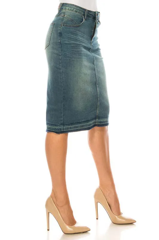 Two Button Front Vintage Wash Denim Skirt