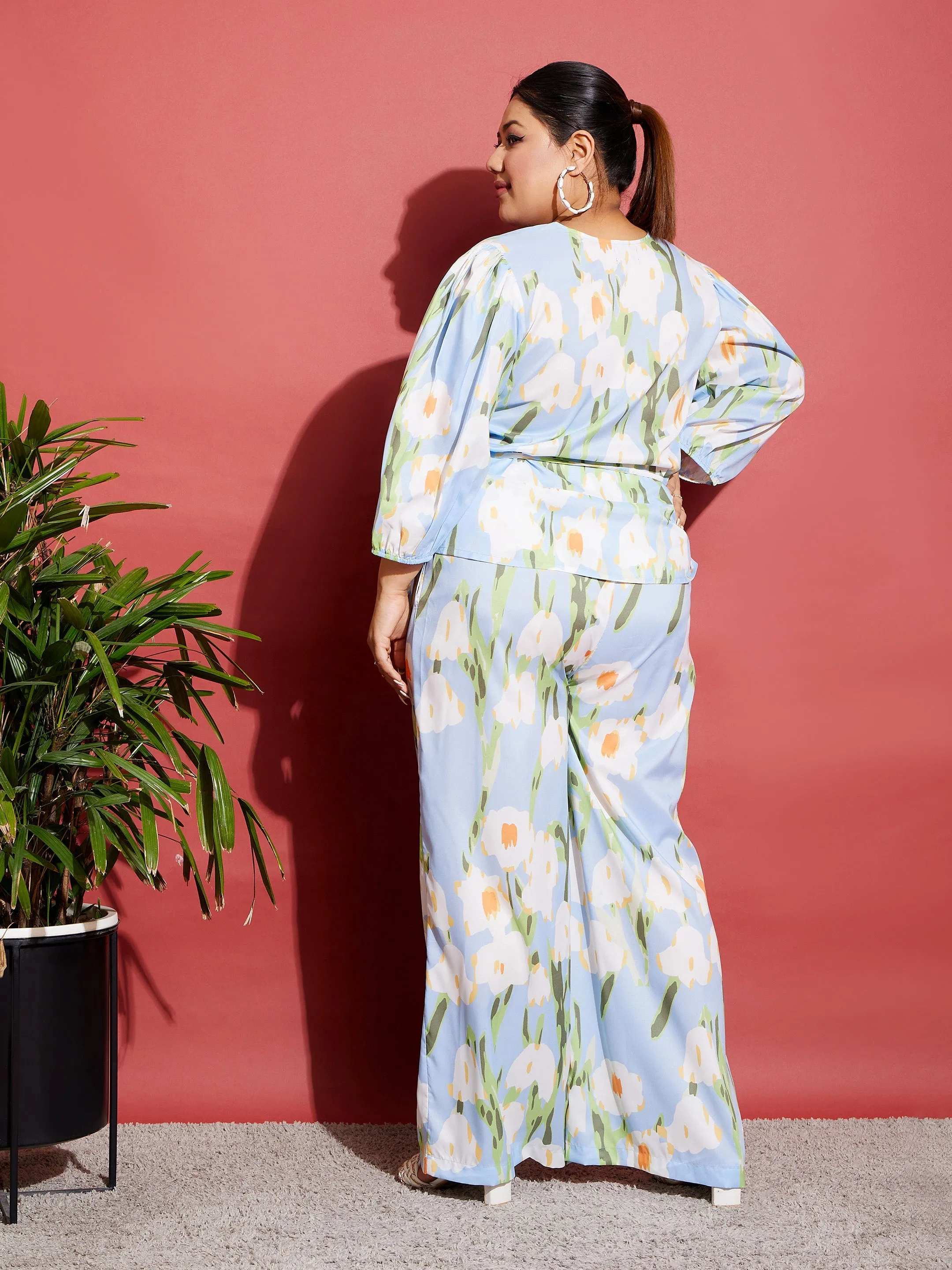 Women Blue Floral Wrap Top With Straight Pants
